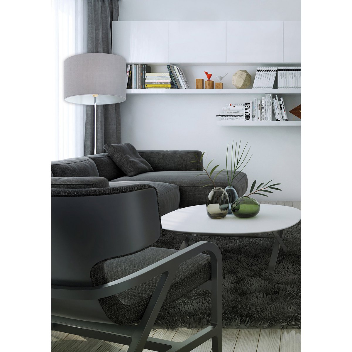 Stehleuchte "NEW YORK", klassische Stehlampe aus Metall mit Textilschirm in Grau, mit E27-Fassung, 160 cm hoch, perfekt für Wohnzimmer, Esszimmer, Diele und Büro