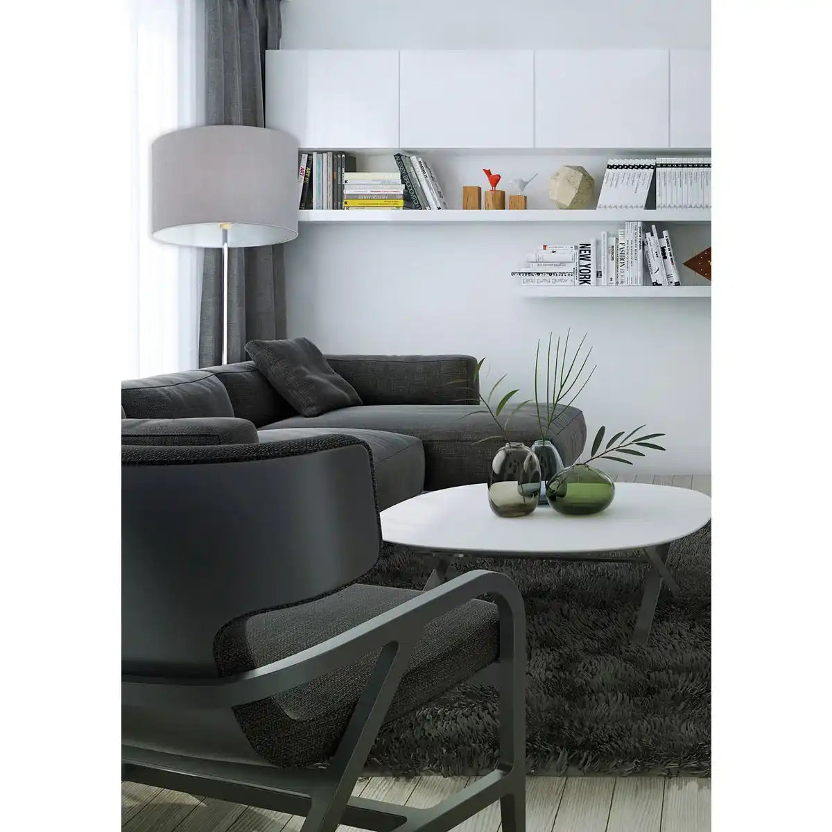 Stehleuchte "NEW YORK", klassische Stehlampe aus Metall mit Textilschirm in Grau, mit E27-Fassung, 160 cm hoch, perfekt für Wohnzimmer, Esszimmer, Diele und Büro