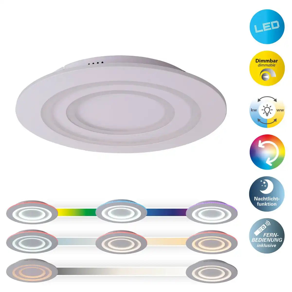 LED Deckenleuchte "MIREL" Ø 50 cm, 6 cm hoch, Metall und Kunststoff in Weiß, integrierte LEDs, 2400 lm, dimmbar, CCT-Funktion 3000-6500 K, RGB-Farbwechsel