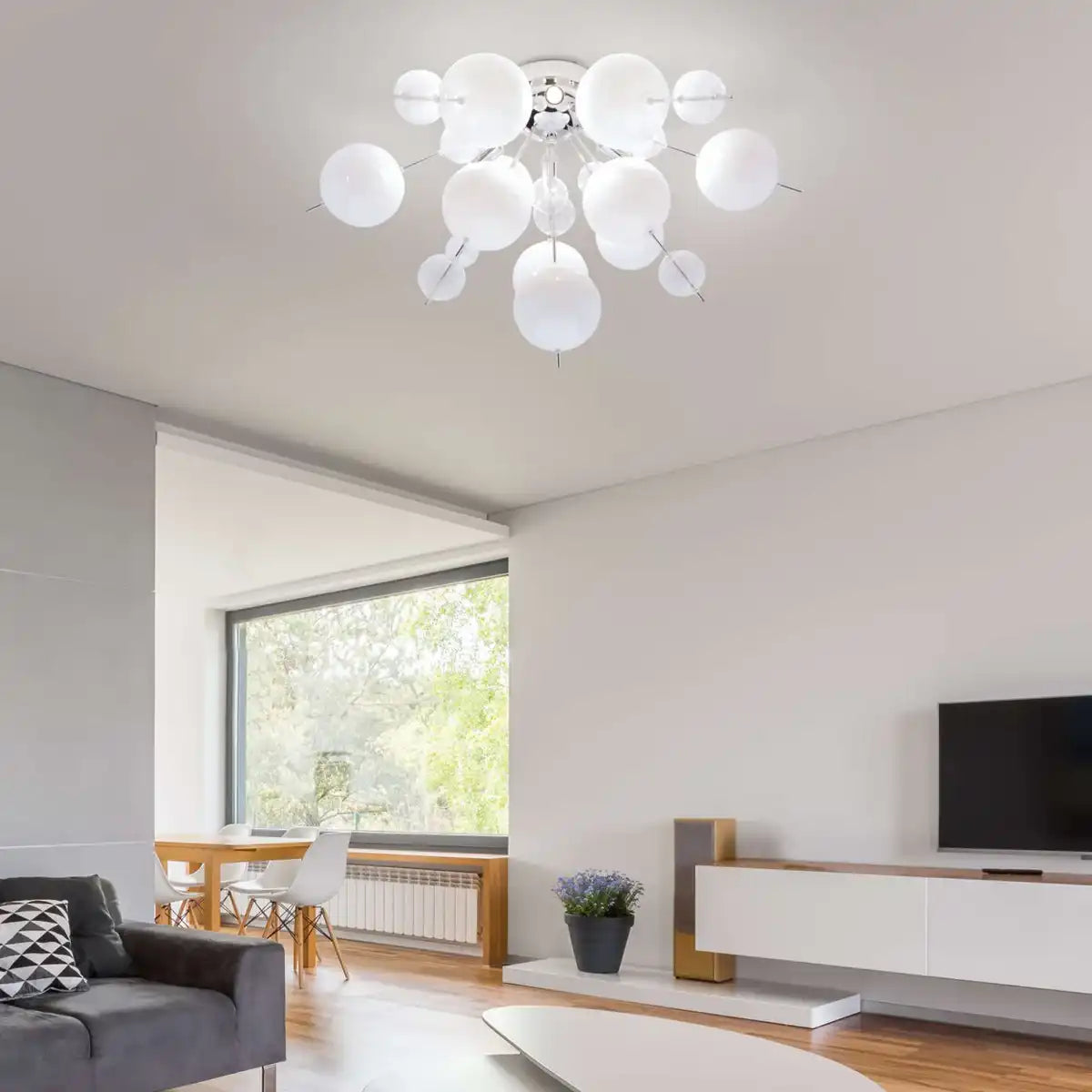 Deckenleuchte "EXPLOSION" weiß aus Metall und Glas, G9 Fassungen, Deckenlampe für Esszimmer, Wohnzimmer, Diele oder Büro, Ø57 cm