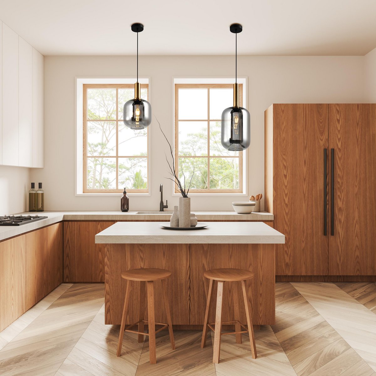 1er Pendelleuchte "FUMO", Pendellampe aus Metall und Glas in Schwarz, mit E27-Fassung, für Esszimmer, Wohnzimmer, Diele oder Büro, Hängelampe 150 x 22 cm