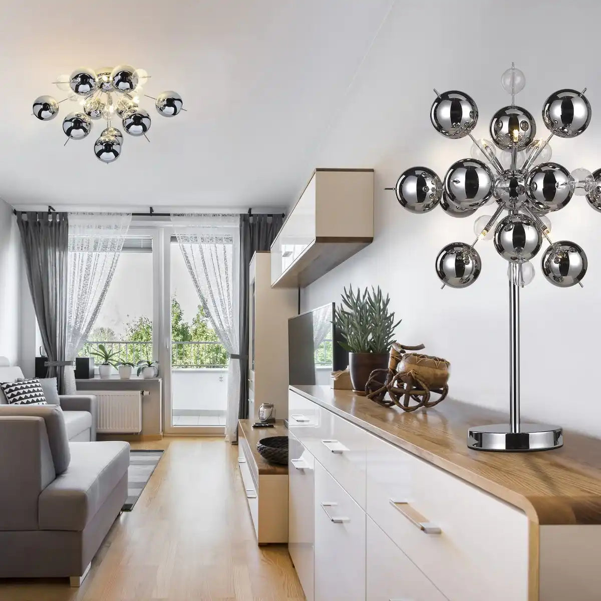 Deckenleuchte "EXPLOSION" chrom aus Metall und Glas, G9 Fassungen, Deckenlampe für Esszimmer, Wohnzimmer, Diele oder Büro, Ø57 cm