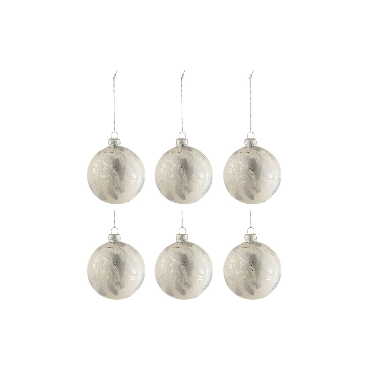 J-Line Box mit 6 Weihnachtskugeln, Marmoroptik, Glas, Weiß/Silber, klein