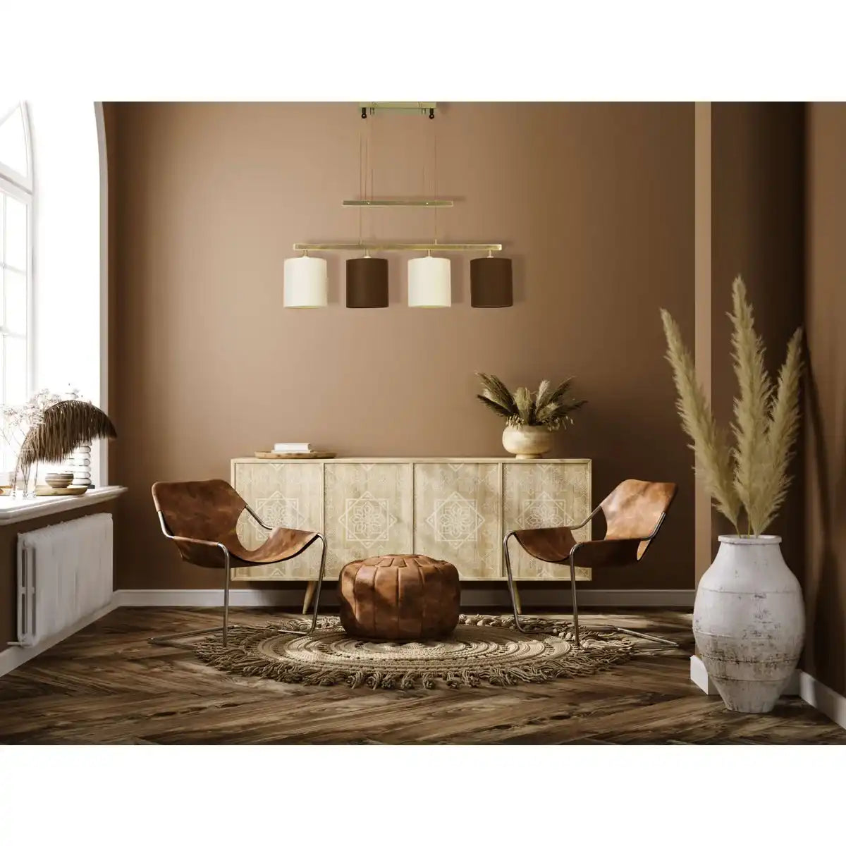 4er Pendelleuchte "TILDE", klassische Pendellampe aus Metall und Textil in Braun und Beige, mit E27-Fassungen, Pendelleuchte höhenverstellbar und 86 cm lang, ideal als Esszimmerleuchte