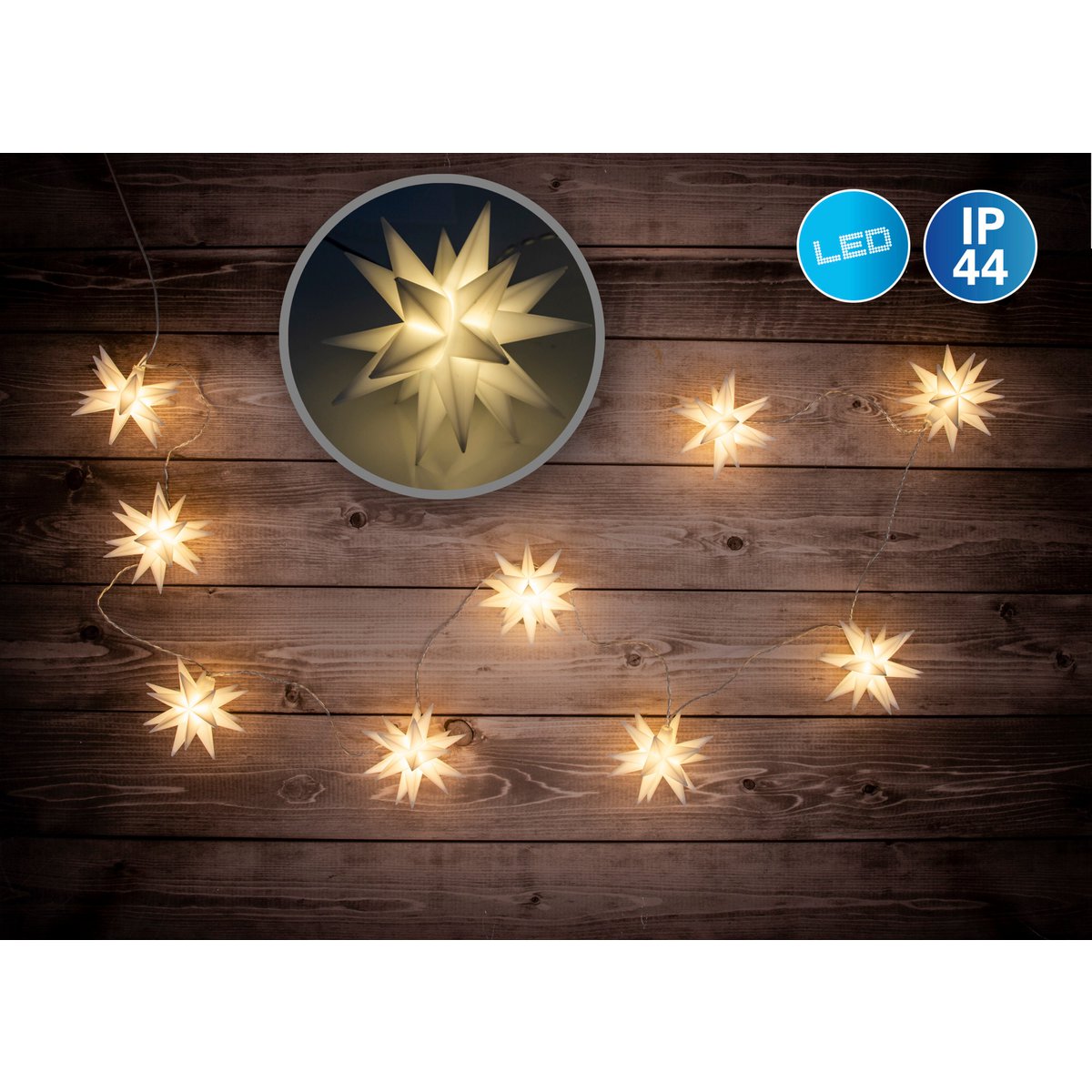 9er-Outdoor-LED-Weihnachtslichterkette 3D-Sterne /XMas-Lights - weiß