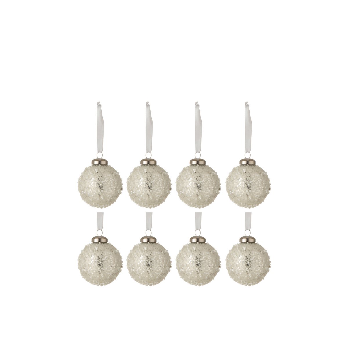 J-Line Box mit 8 Weihnachtskugeln, Perlenglas, Weiß/Silber, klein