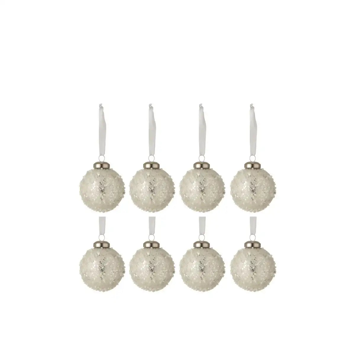 J-Line Box mit 8 Weihnachtskugeln, Perlenglas, Weiß/Silber, klein