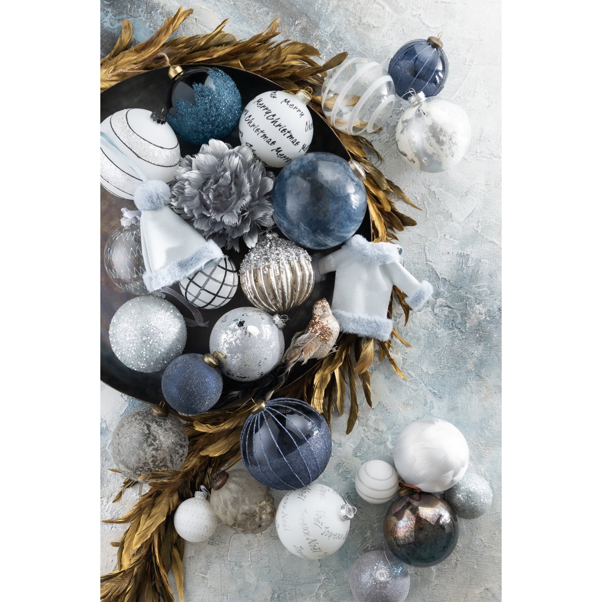 J-Line Box mit 6 Weihnachtskugeln, Marmoroptik, Glas, Weiß/Silber, klein