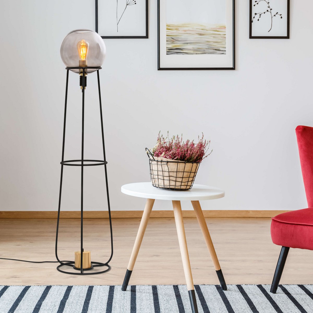 Stehleuchte "STELO" , moderne Stehlampe aus schwarzem Metall und Rauchglas, E27-Fassung, 128,5 cm hoch, für Esszimmer, Wohnzimmer, Diele oder Büro,