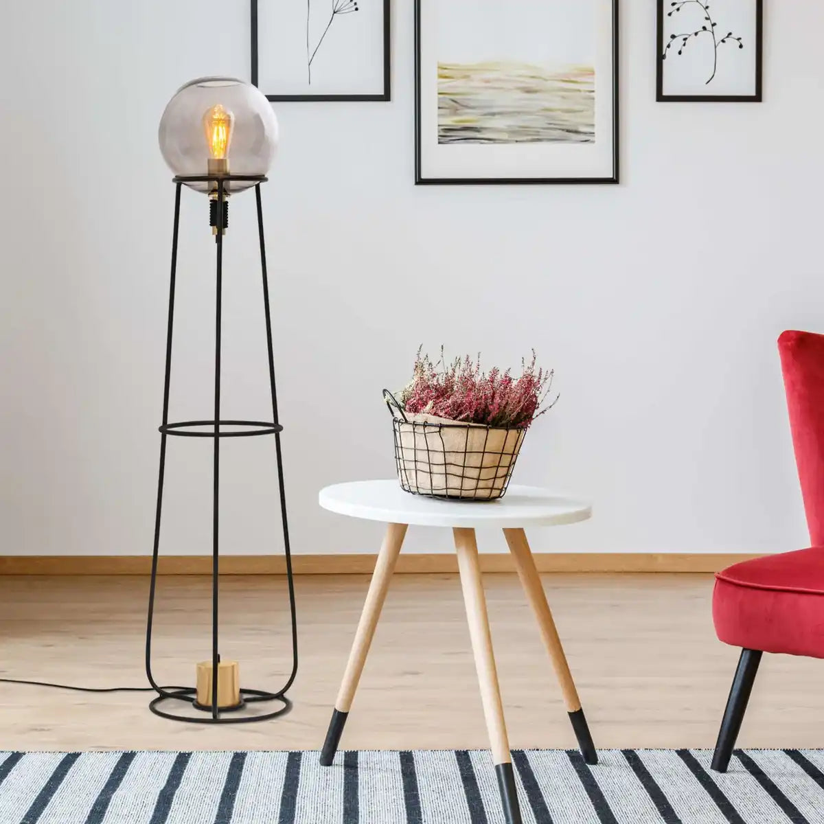 Stehleuchte "STELO" , moderne Stehlampe aus schwarzem Metall und Rauchglas, E27-Fassung, 128,5 cm hoch, für Esszimmer, Wohnzimmer, Diele oder Büro,