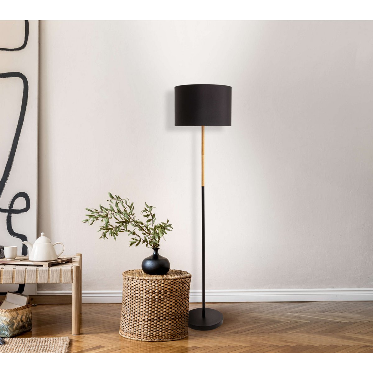 Textil-Stehleuchte "TESSILE", Stehlampe aus Metall, Gummibaumholz und Stoff in Schwarz, und Natur, E27-Fassung, 126 cm hoch