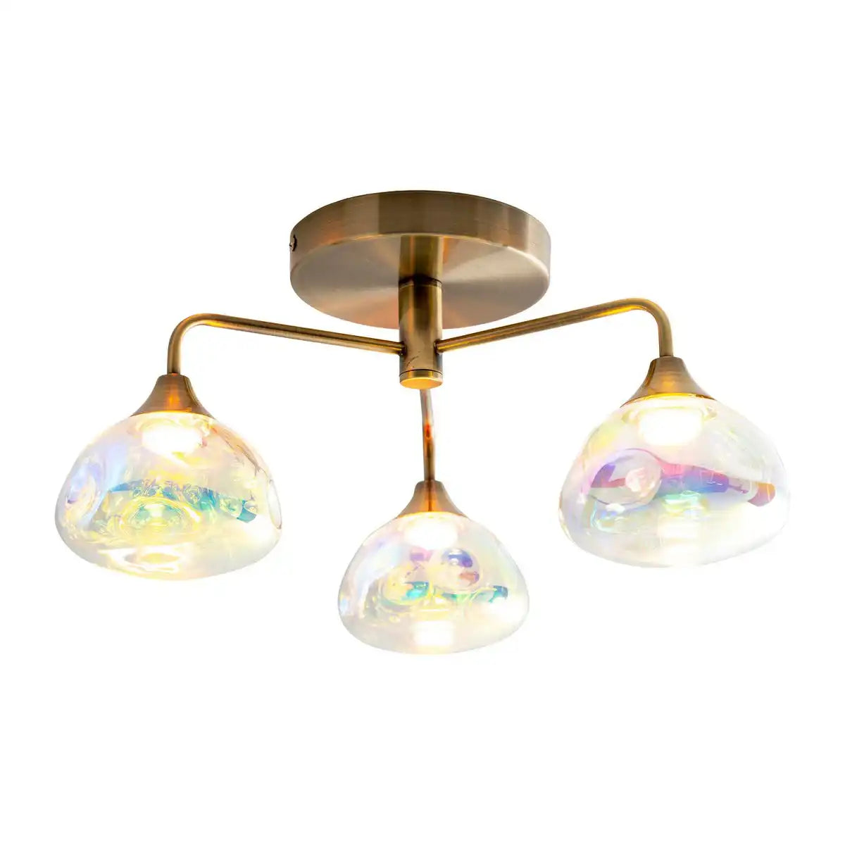 LED Deckenleuchte 3-flammig "VARNA", Deckenlampe aus messingfarbenem Metall und irisierendem Glas, mit fest verbauten LEDs, 42 cm Durchmesser, stilvolle Beleuchtung für Wohnzimmer, Esszimmer oder Diele