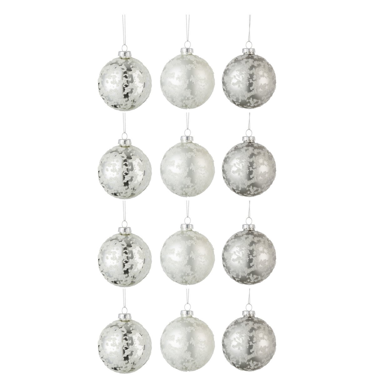 J-Line Weihnachtskugel Zucker – Glas – Grau/Weiß/Silber – klein – 12er-Box