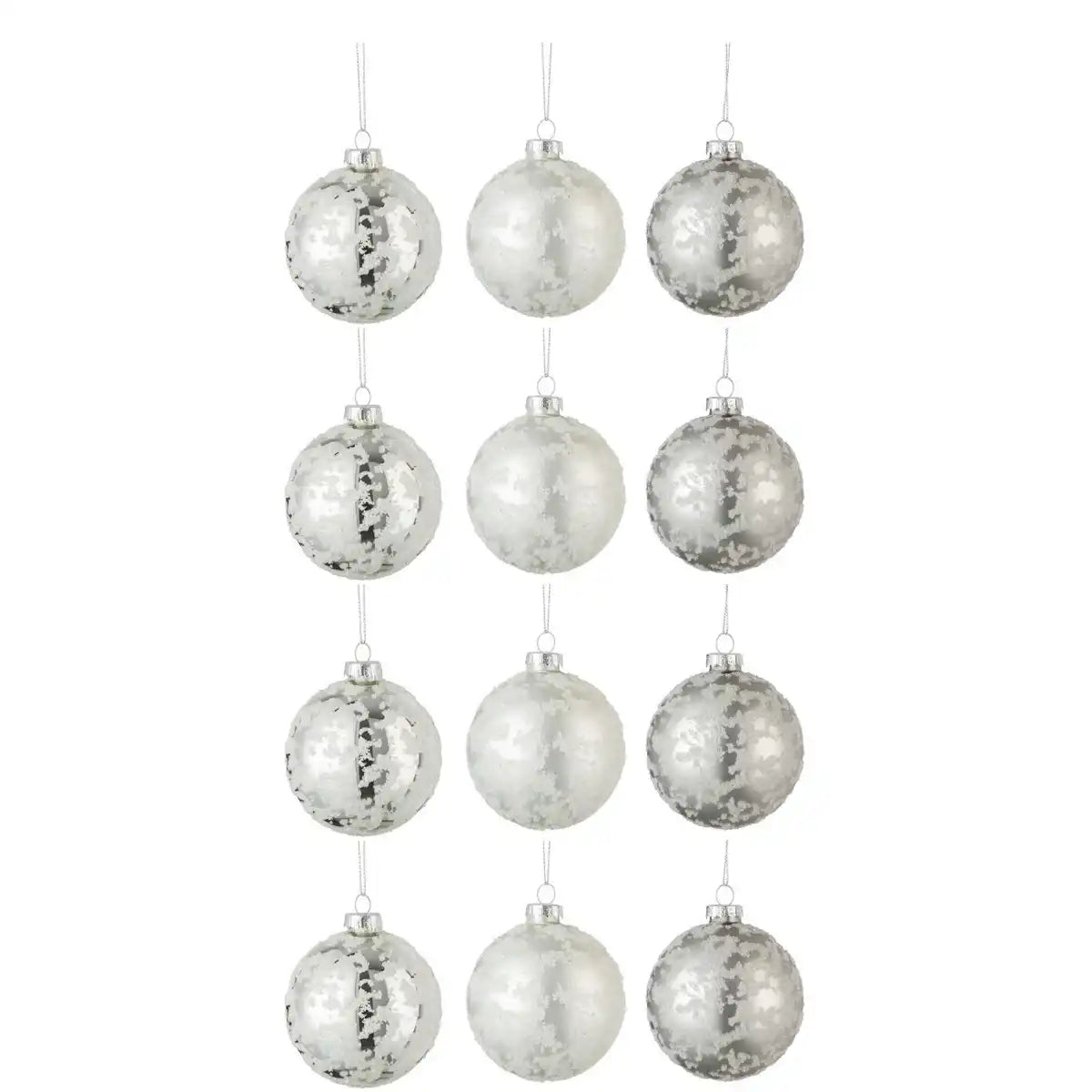 J-Line Weihnachtskugel Zucker – Glas – Grau/Weiß/Silber – klein – 12er-Box