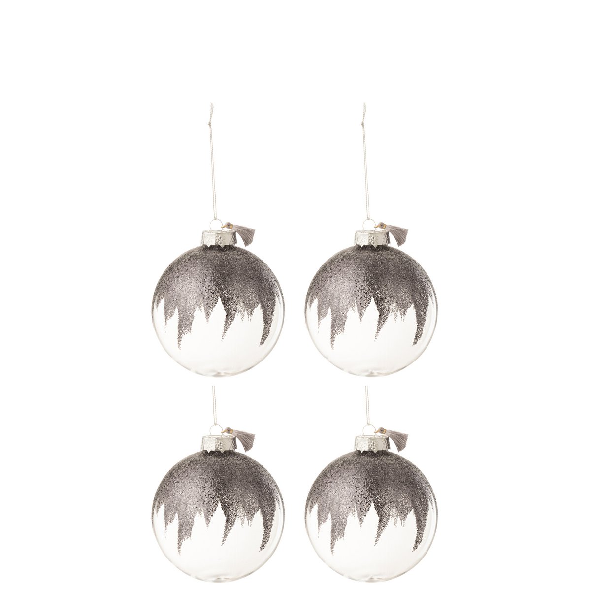 J-Line Box mit 4 Weihnachtskugeln, glitzernder Mini-Pinsel, graues Glas, transparent, mittelgroß