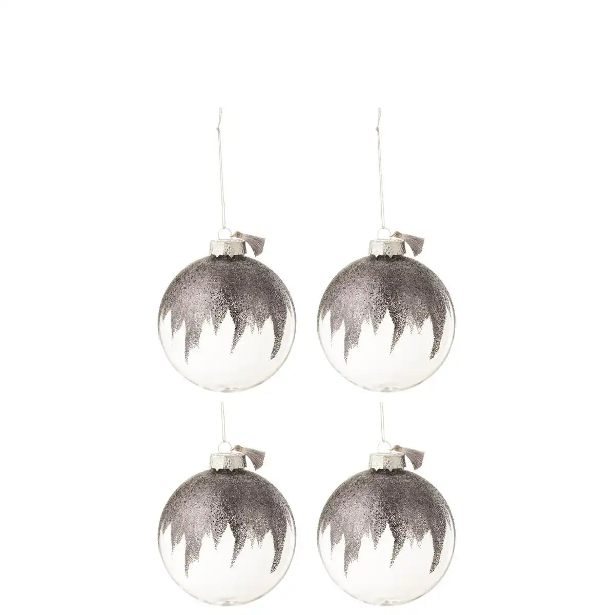 J-Line Box mit 4 Weihnachtskugeln, glitzernder Mini-Pinsel, graues Glas, transparent, mittelgroß