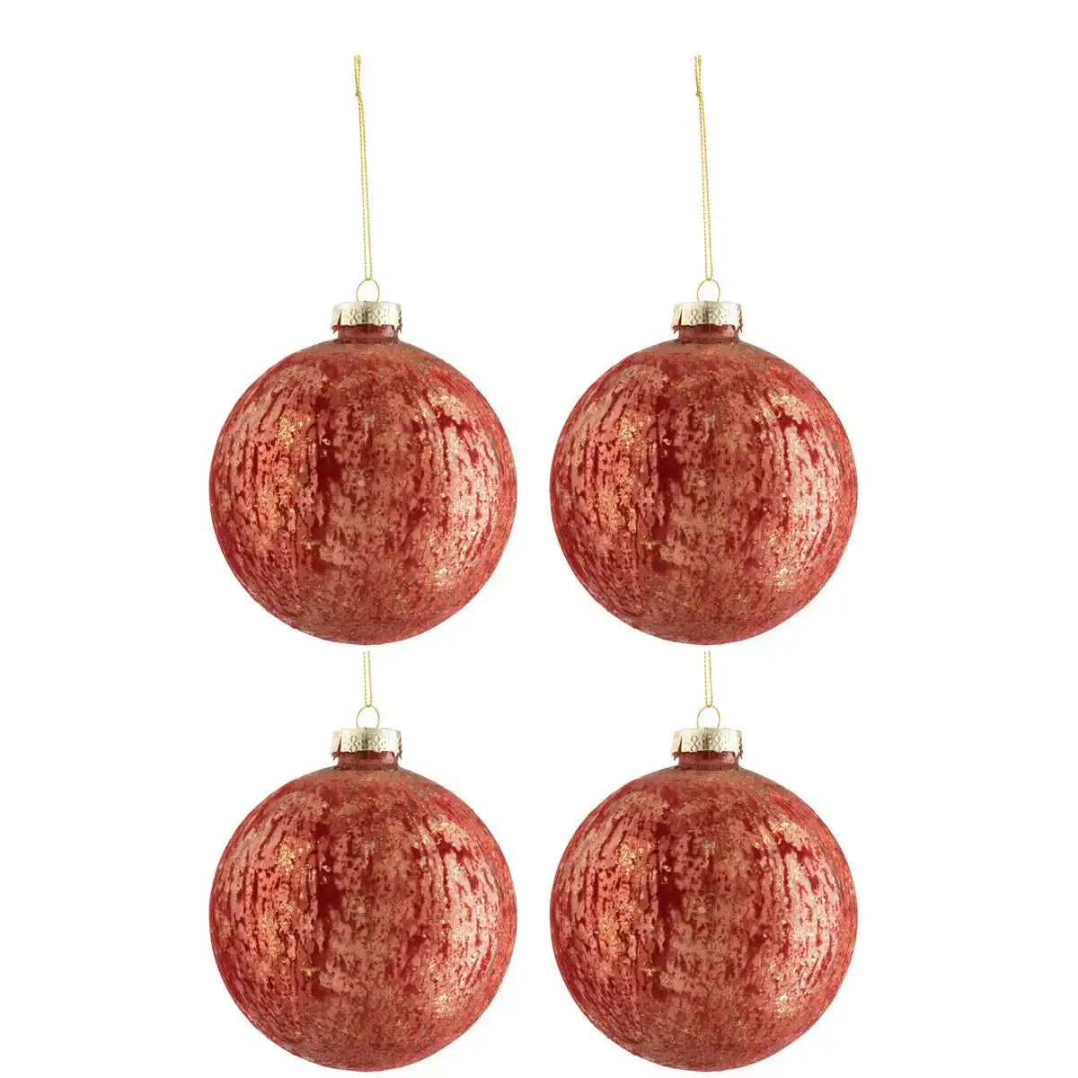 J-Line Box mit 4 Weihnachtskugeln, Samtglas, Antik-Bordeaux/Gold, groß