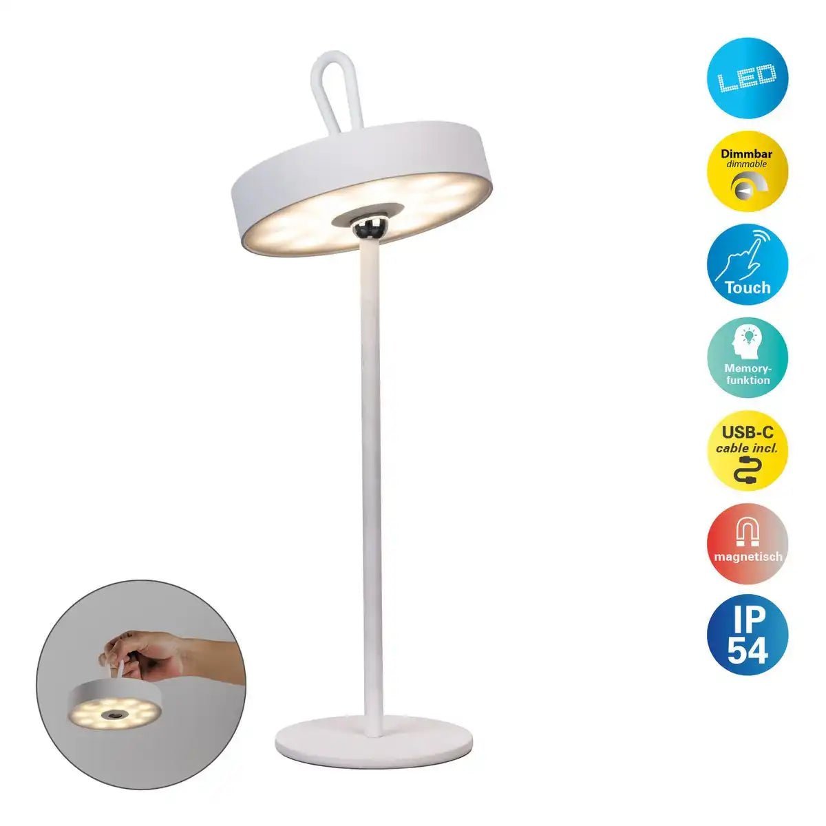 LED-Akku-Tischleuchte magnetisch "ELLA" für Außen und Innen, aus Metall und Kunststoff in Weiß , 35 cm hoch