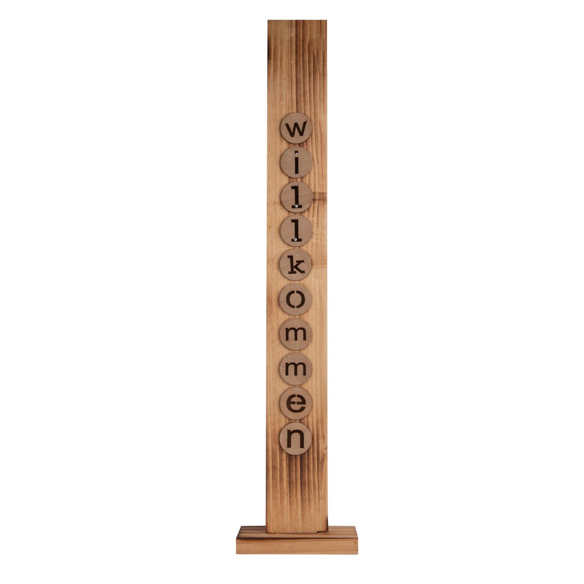 LED-Holz-Dekoleuchte "WILLKOMMEN" aus naturbelassenem Holz mit festverbauten LEDs, Weihnachtsdekoration für Außen