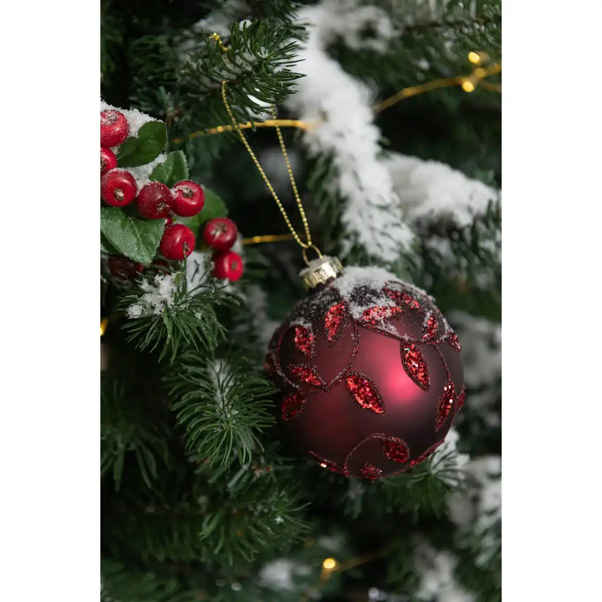 J-Line Box mit 6 Weihnachtskugeln, Blätter, glitzerndes Glas, matt, Weihnachtsrot, klein
