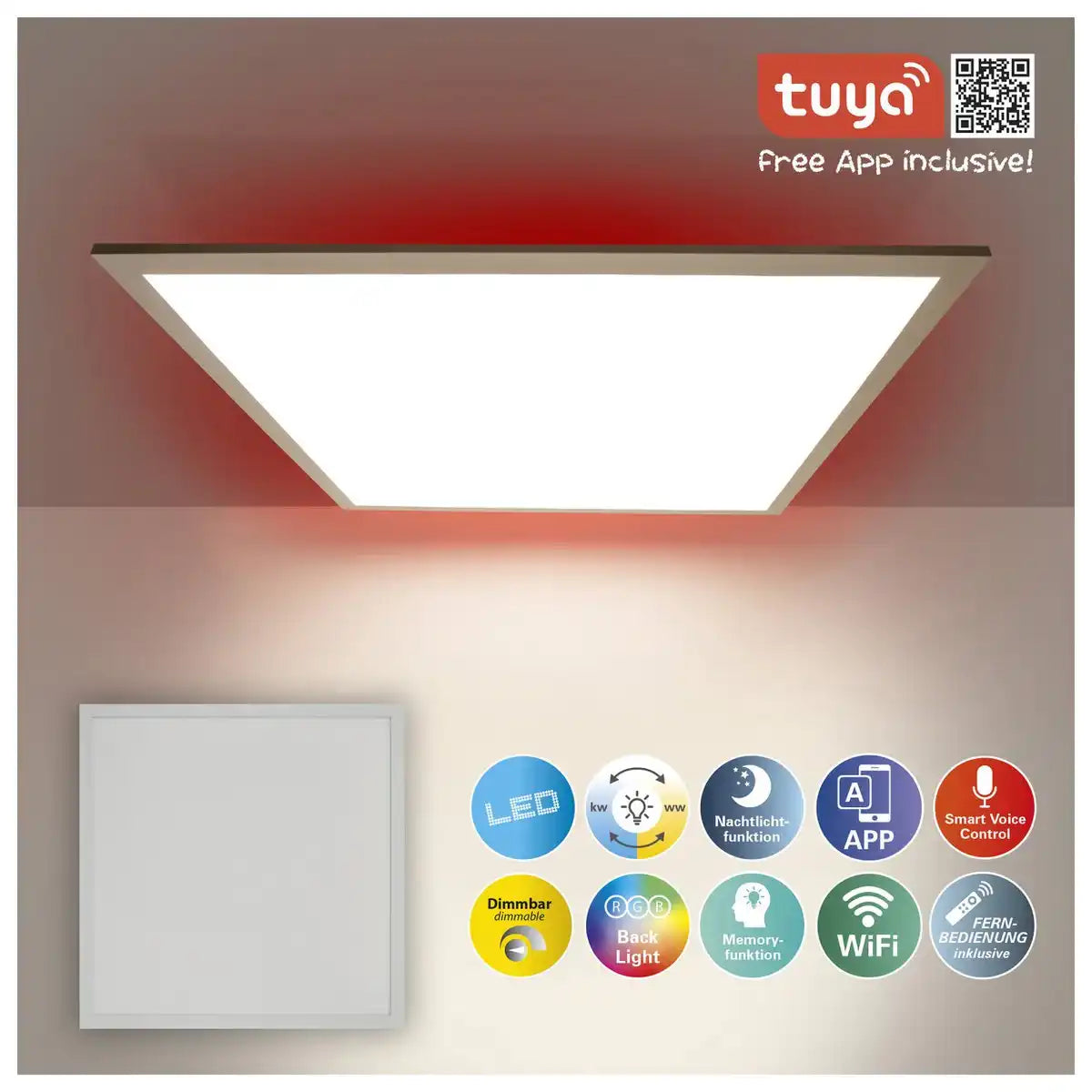 Smart Home LED Backlight Panel Seitenlänge 45 cm, viele Funktionen, Einbauleuchte aus Metall und Kunststoff, integrierte LEDs