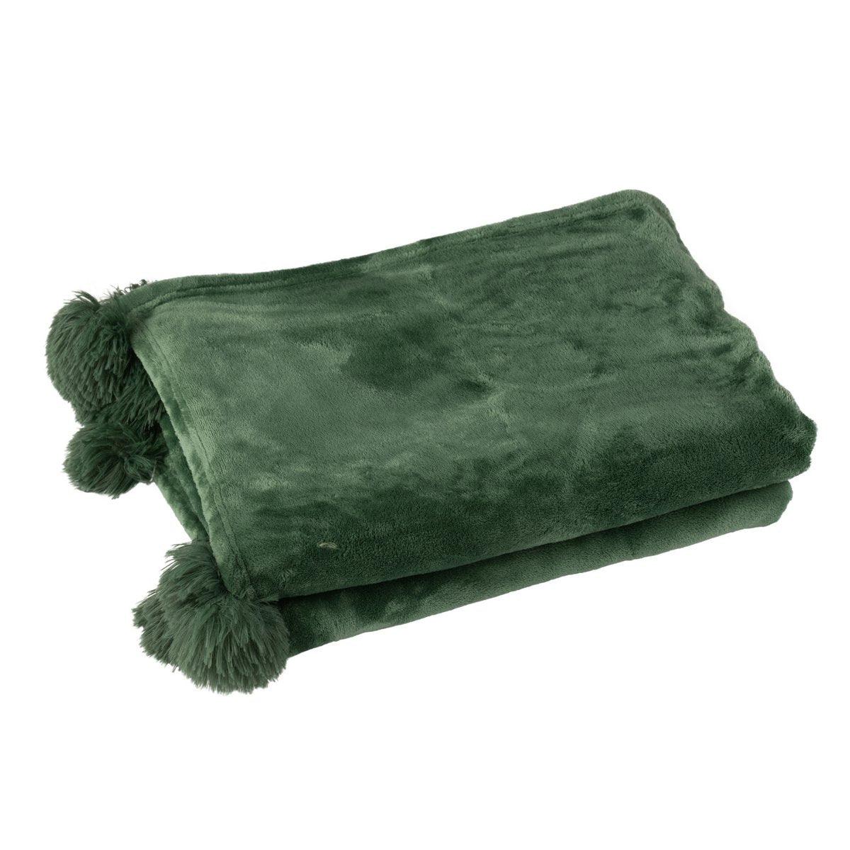 J-Line Plaid Pompom – Polyester – dunkelgrün – 170 x 130 cm