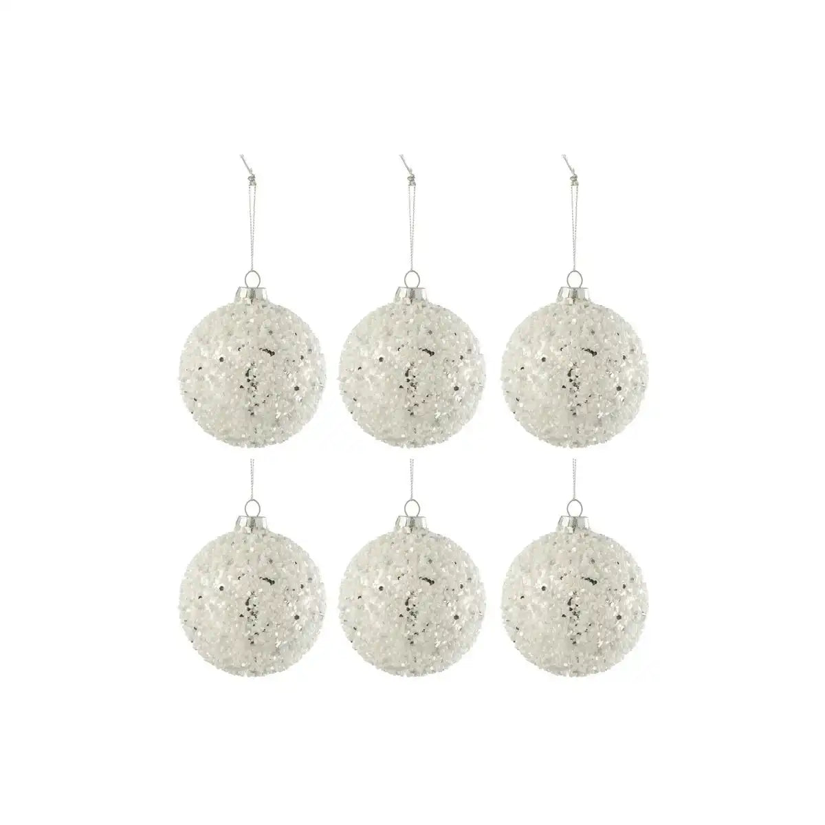 J-Line Box mit 6 Weihnachtskugeln, Perlen + Glitzerglas, Silber/Weiß, klein