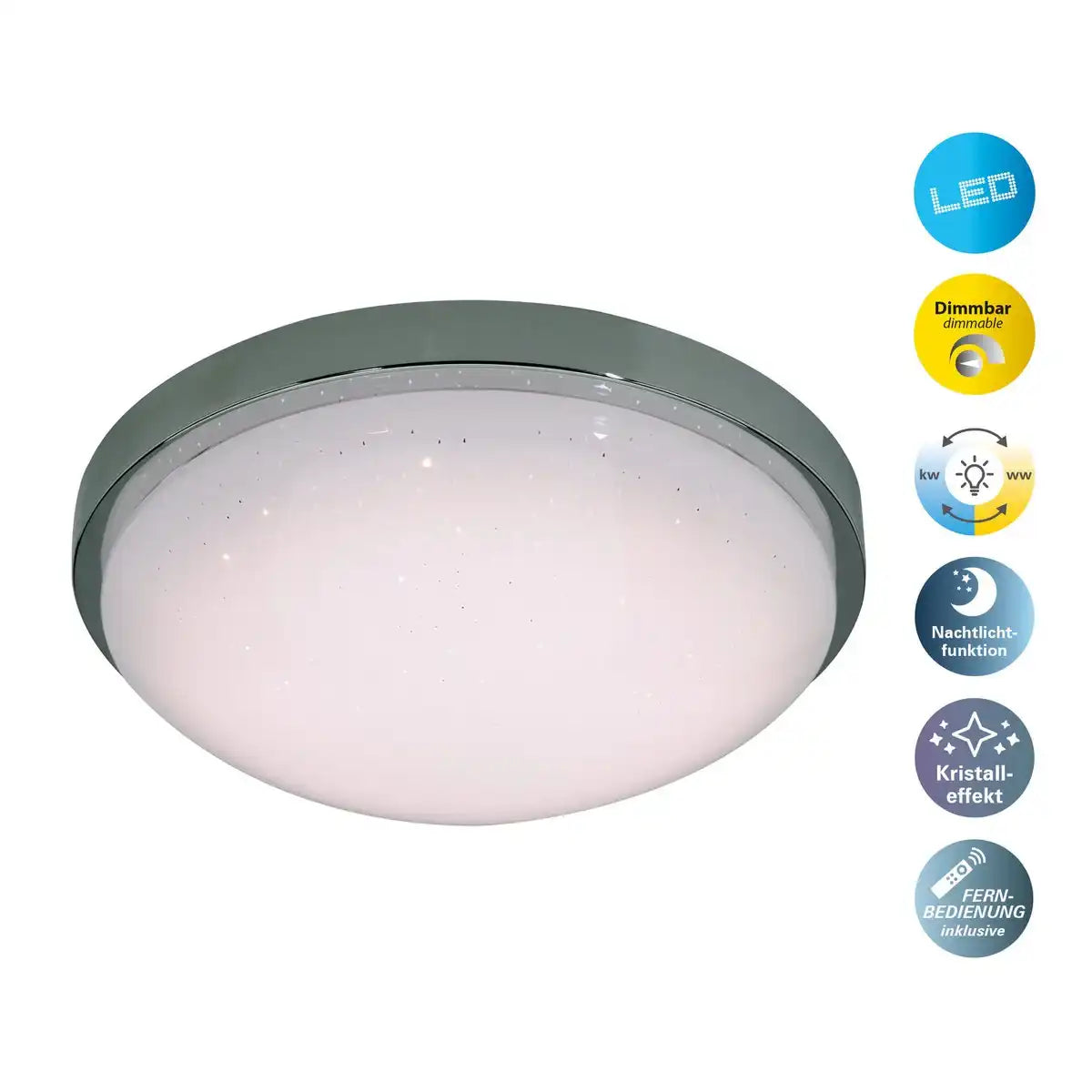 LED Wand u. Deckenleuchte "CATANIA" Ø 29 cm, chromfarbenes Metall, weißer Kunststoff (PMMA), dimmbar, Kristalleffekt, Memoryeffekt, Nachtlicht