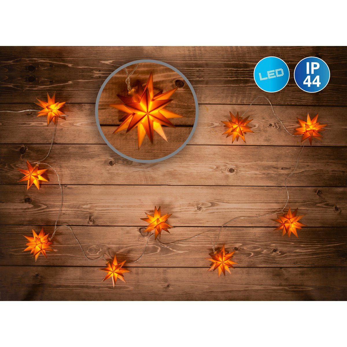 9er-Outdoor-LED-Weihnachtslichterkette 3D-Sterne - gold