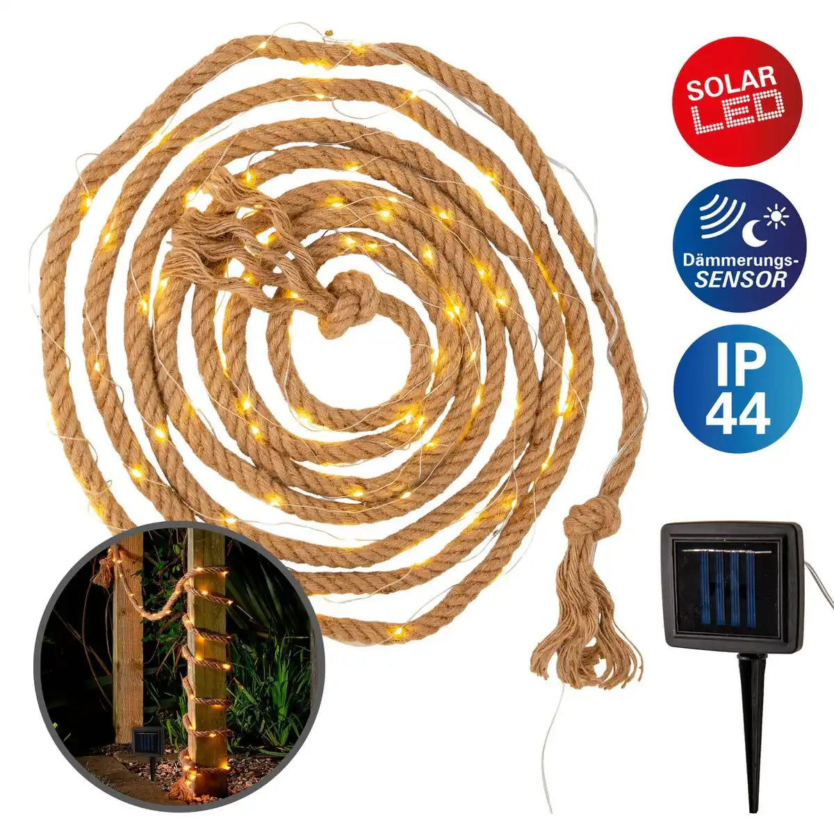 Solar-Lichterkette "Canamo" aus Hanfseil in ´Natur, 8 m lang, plus 2 m Zuleitung, warmweiß, für den Außenbereich