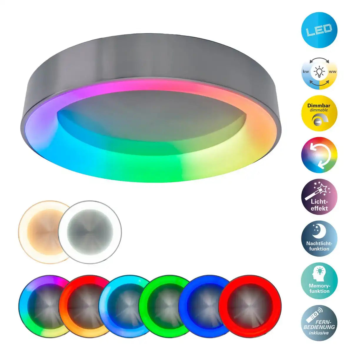 LED Deckenleuchte "MULTO" Ø 46,5 cm, viele Funktionen, aus Metall und Kunststoff, mit integrierten LEDs, Beleuchtung für Wohnzimmer, Büro oder Nachttisch
