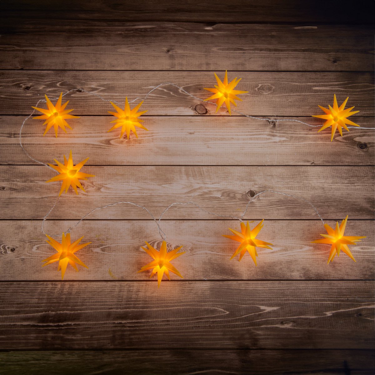 LED-Lichterkette "3D-STERNE" aus Kunststoff in gelb, mit fest verbauten LEDs, Weihnachtsdeko für Außen