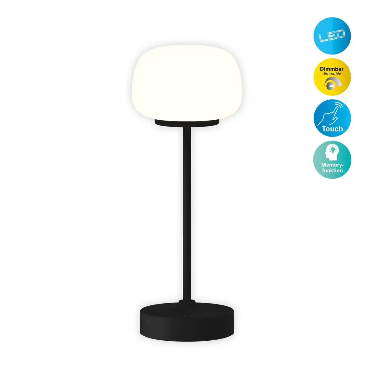 LED Akku-/ Tischleuchte "PINA" 30 cm hoch, aus Metall (schwarz) und Glas (weiß), integrierte LEDs, warmweiß