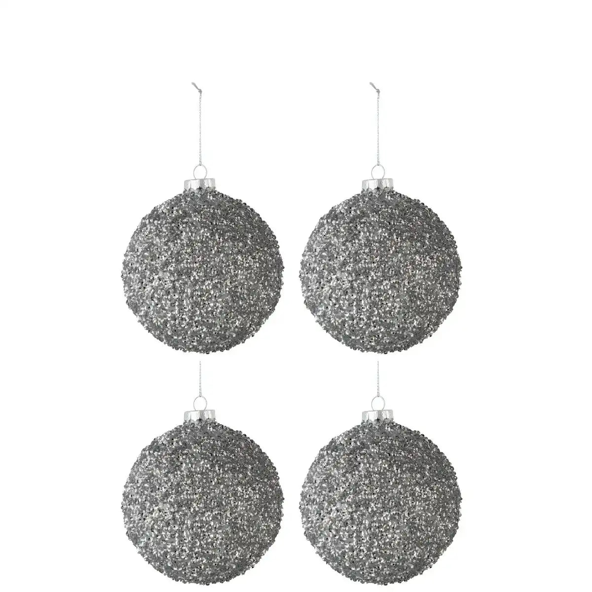 J-Line Box mit 4 Weihnachtskugeln aus glitzerndem Glas, rauchgrau, mittelgroß