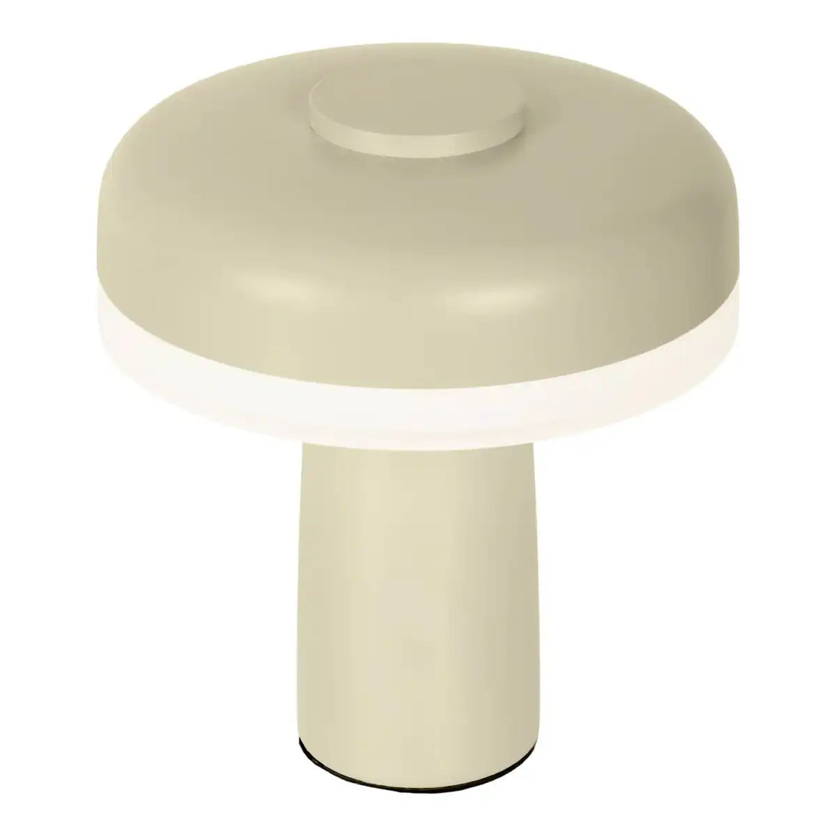 Akku-Tischleuchte "PILU", 16,5 cm hoch, oben Ø von 15 cm, Metall in der Farbe Frost Allmond, weißer Kunststoff, integrierten LEDs,280 Lumen, dimmbar per Berührungssensor, warmweiß