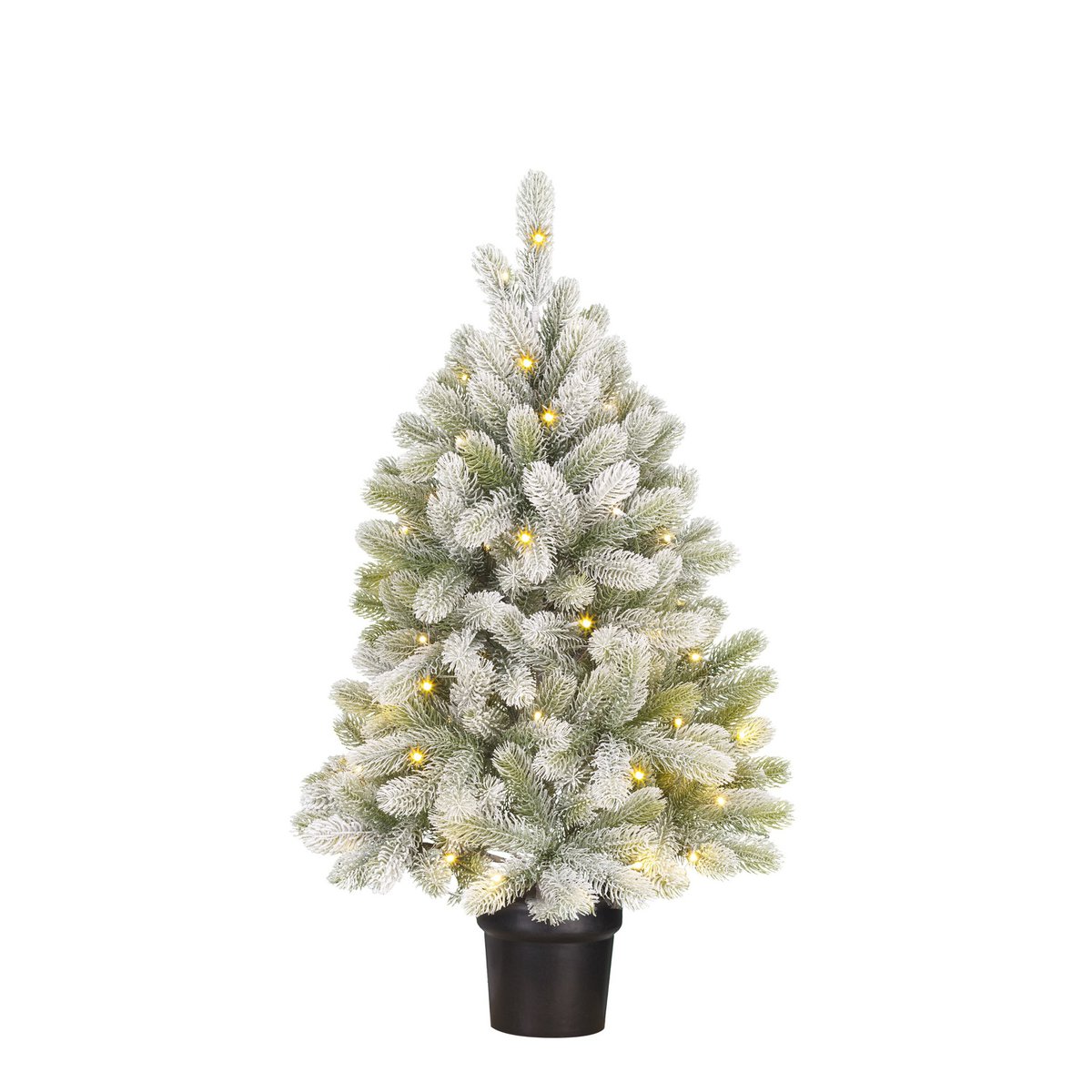 Künstlicher Weihnachtsbaum im Topf mit LED-Beleuchtung – H90 x Ø55 cm – Grün gefrostet