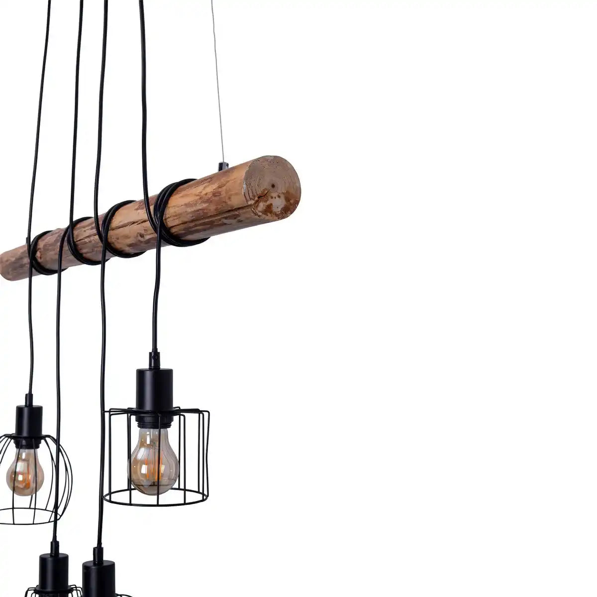 4er Pendelleuchte "WOODLAND", Hängelampe, Metall und Holz in Schwarz, und natur- E27-Fassung, für Esszimmer, Wohnzimmer, Diele oder Büro, 100 cm lang
