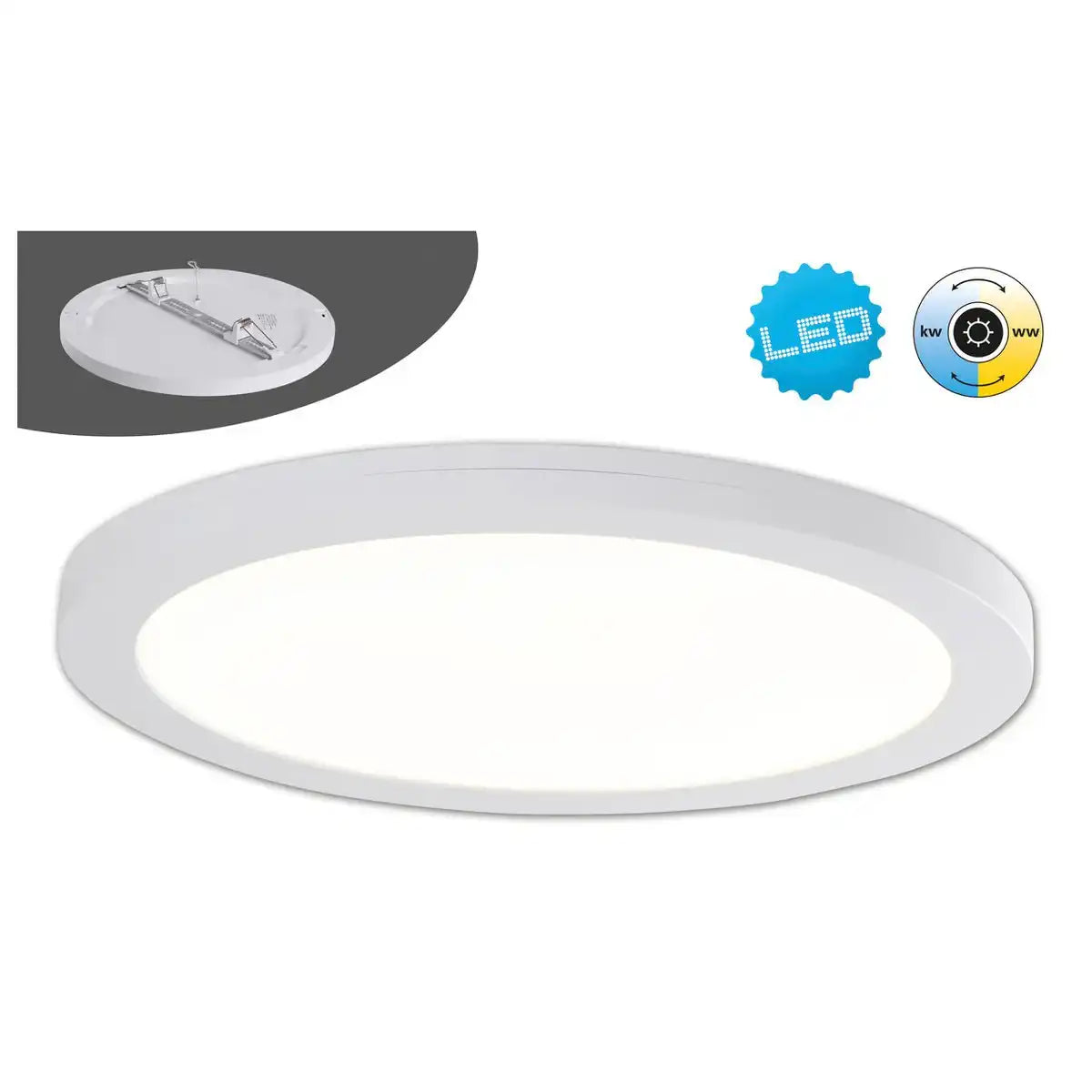 LED Deckenleuchte "BONUS" Ø29 cm, Funktionsleuchte Einbau- und Aufbau möglich, Deckenlampe aus Metall und Kunststoff in weiß, mit fest verbauten LEDs, inkl. CCT-Farbwechsler