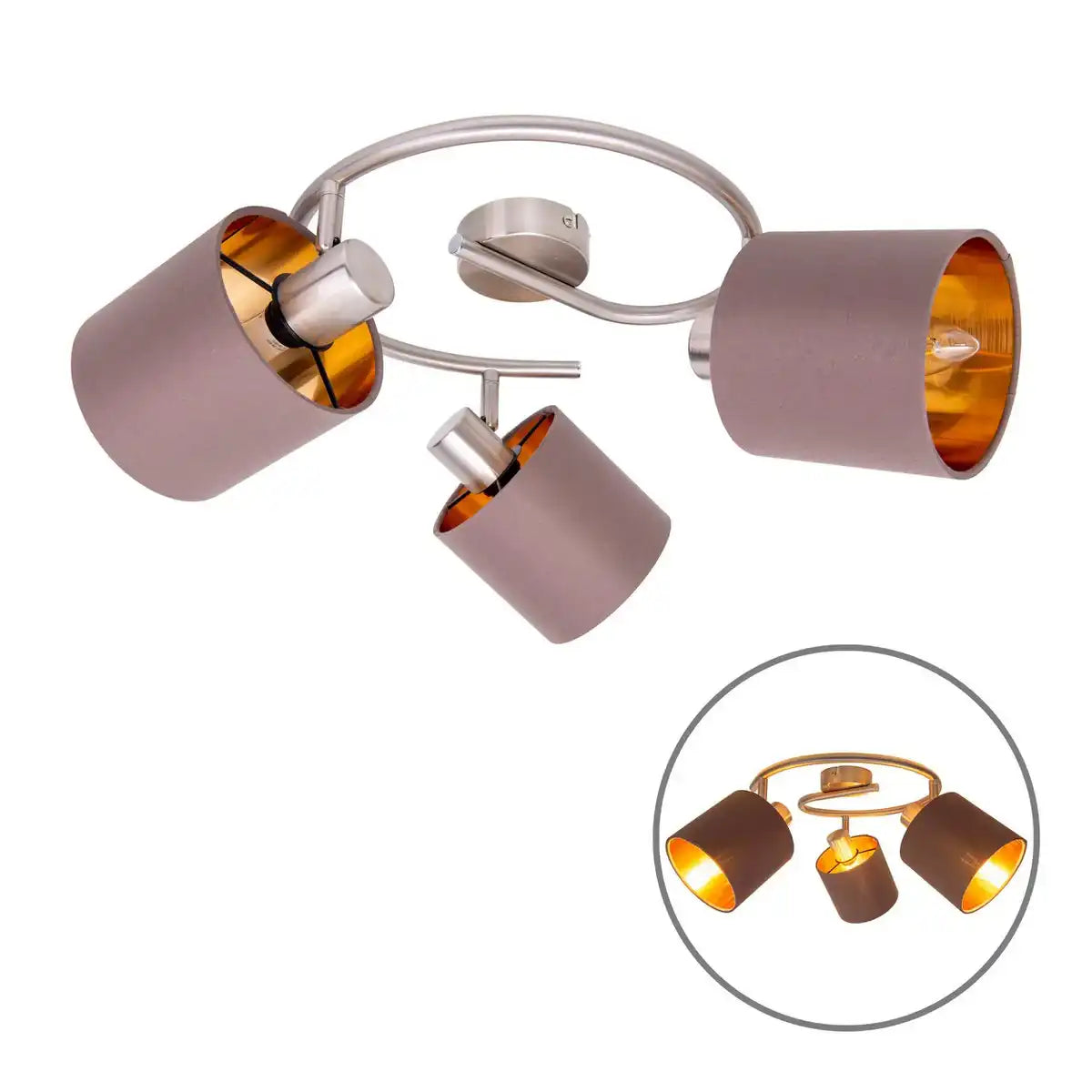 3er Wand- und Deckenrondell "MARON" aus Metall satiniert-matt mit Stoffschirmen in Braun, mit E14-Fassung, Lampe für Wohnzimmer, Esszimmer, Flur und Büro, 28,5 cm Durchmesser