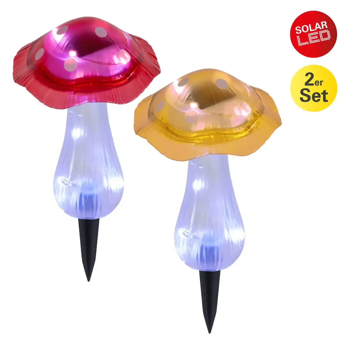 Solar-Dekoerdspieße 2er Set "MANTAR" Ø 13 cm, 29 cm hoch, transparenter Kunststoff in Rot, Gelb und Klar, integrierte LEDs, kaltweiß