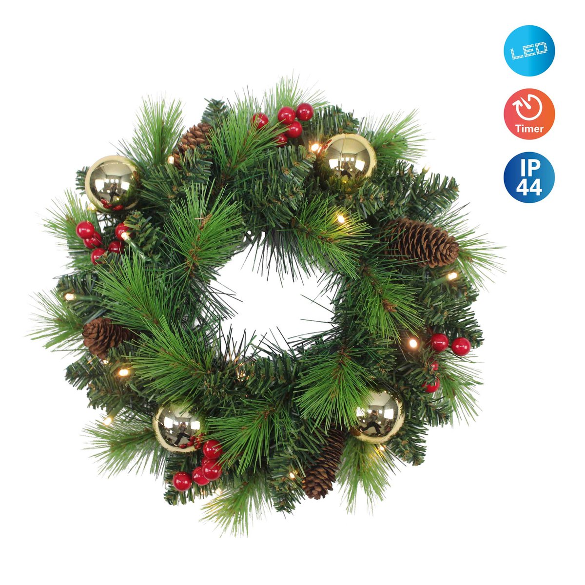 LED-Weihnachtskranz "NOEL" Außen-Deko aus Metall und Kunststoff in Grün und Gold, mit fest verbauten LEDs