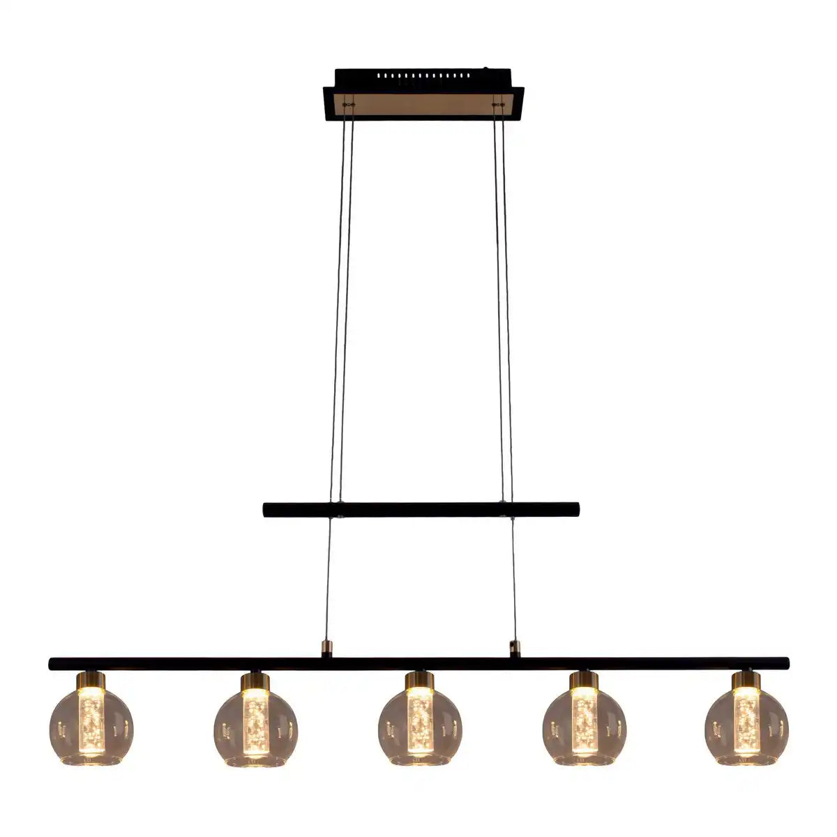 LED Glas-Pendelleuchte "BRASS" schwarz, klassisch, Hängelampe aus schwarzem Metall und Glas, mit fest verbauten LEDs, Beleuchtung für Wohnzimmer, Esszimmer oder Büro, 90 cm lang
