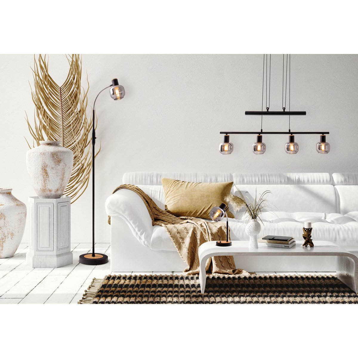 Glas-Stehleuchte "FUMOSO", Stehlampe aus Metall und Glas in Schwarz,, mit E14-Fassung, für Esszimmer, Wohnzimmer, Diele oder Büro, Stehlampe innen, 150 cm hoch.