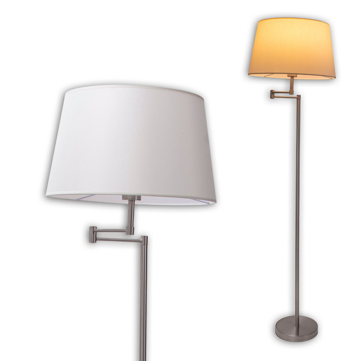 Stehleuchte "BOLOGNA" Höhe 158 cm aus Metall in satiniertem Nickel, beiger Textilschirm, E27
