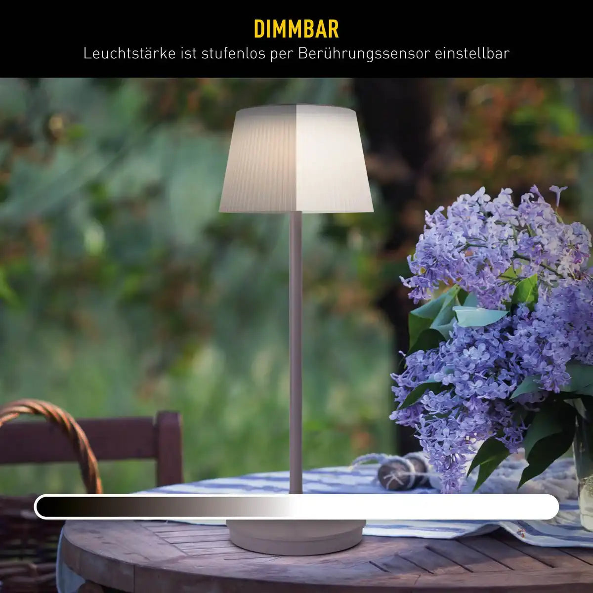 Solar-Akkutischleuchte "EMMI" 38 cm hoch, Schirm Ø 13 cm, Metall in Brombeer und weißer Kunststoff, für den Außenbereich, dimmbar CCT.