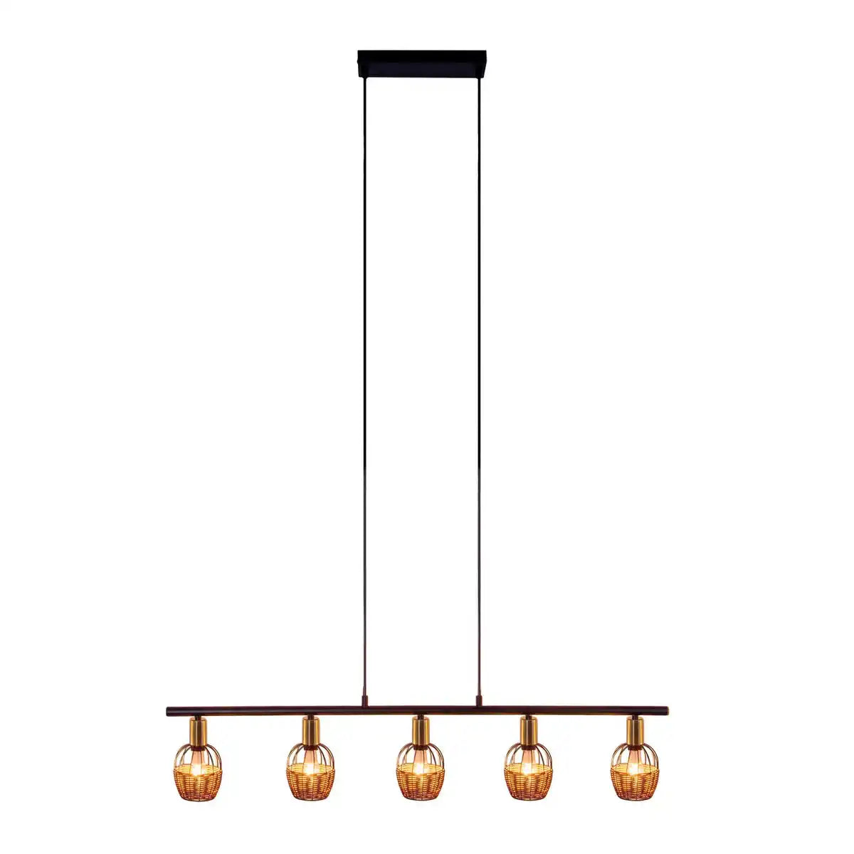 5er Pendelleuchte "CORBIS", Hängelampe aus Metall in Schwarz, mit Gold und Rattan, mit E14-Fassung, für Esszimmer, Wohnzimmer, Diele oder Büro, 100 cm lang