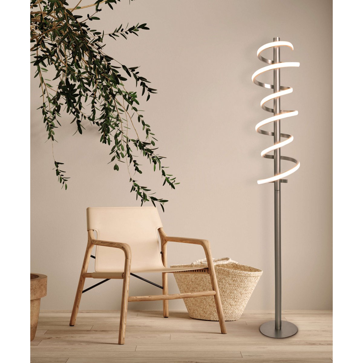 LED-Stehleuchte "BELLEZA", moderne Stehlampe aus Metall und Kunststoff in Nickel matt und Weiß, mit fest verbauten LEDs, 140 hoch, Beleuchtung für Wohnzimmer, Esszimmer, Schlafzimmer oder Büro.