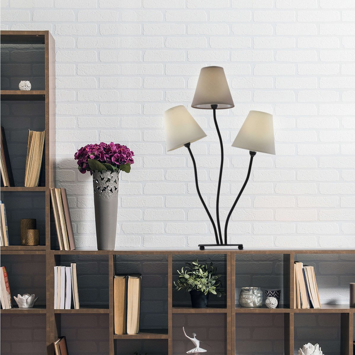 Textiltischleuchte 3-flammig ""BOHO"", Tischlampe in Beige/Braun, mit E14-Fassung, für Esszimmer, Wohnzimmer, Diele oder Büro, 67 cm hoch