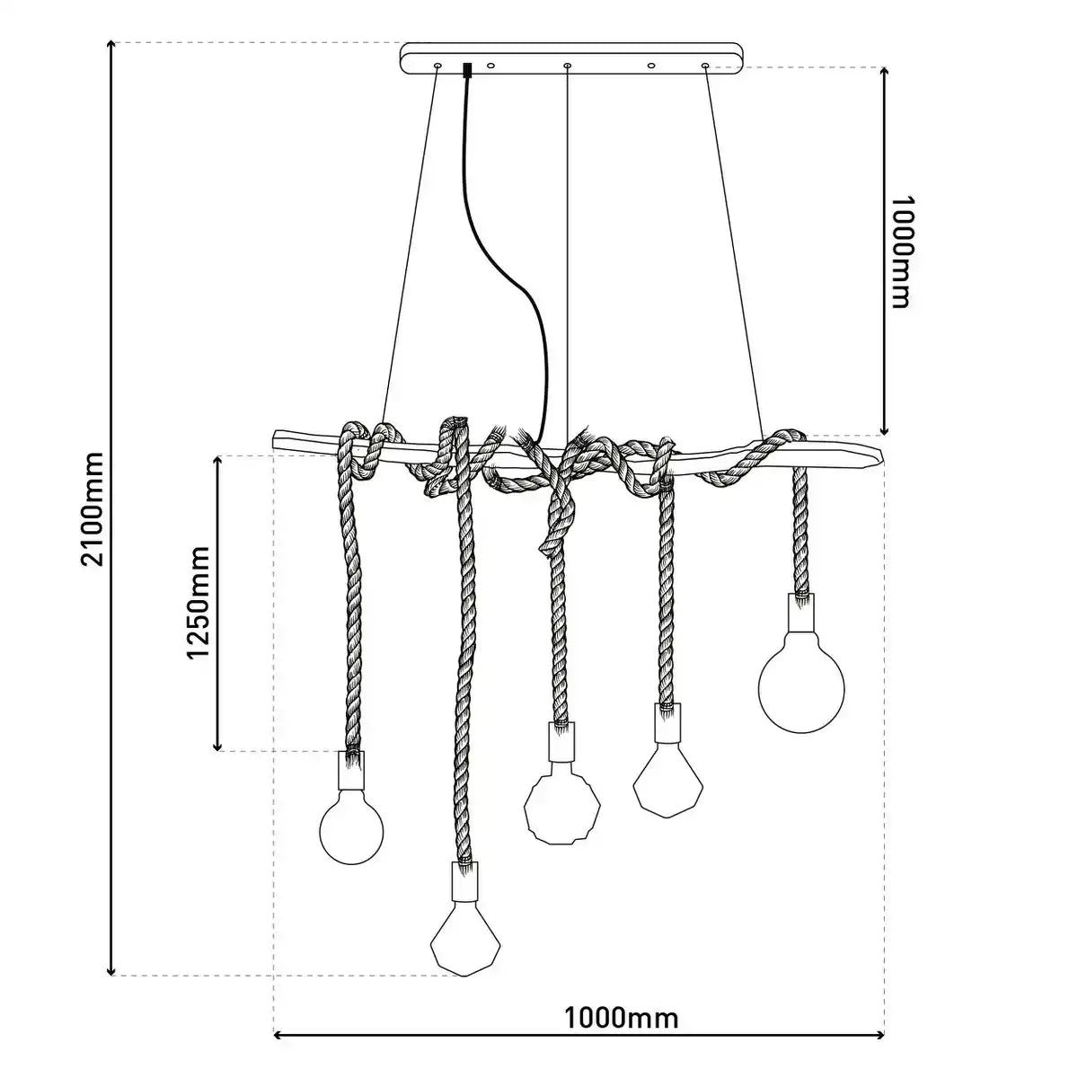 Pendelleuchte "ROPE" 5flg. Pendellampe aus Holz und Seil in natur, E27-Fassung, Beleuchtung für Wohnzimmer oder Büro