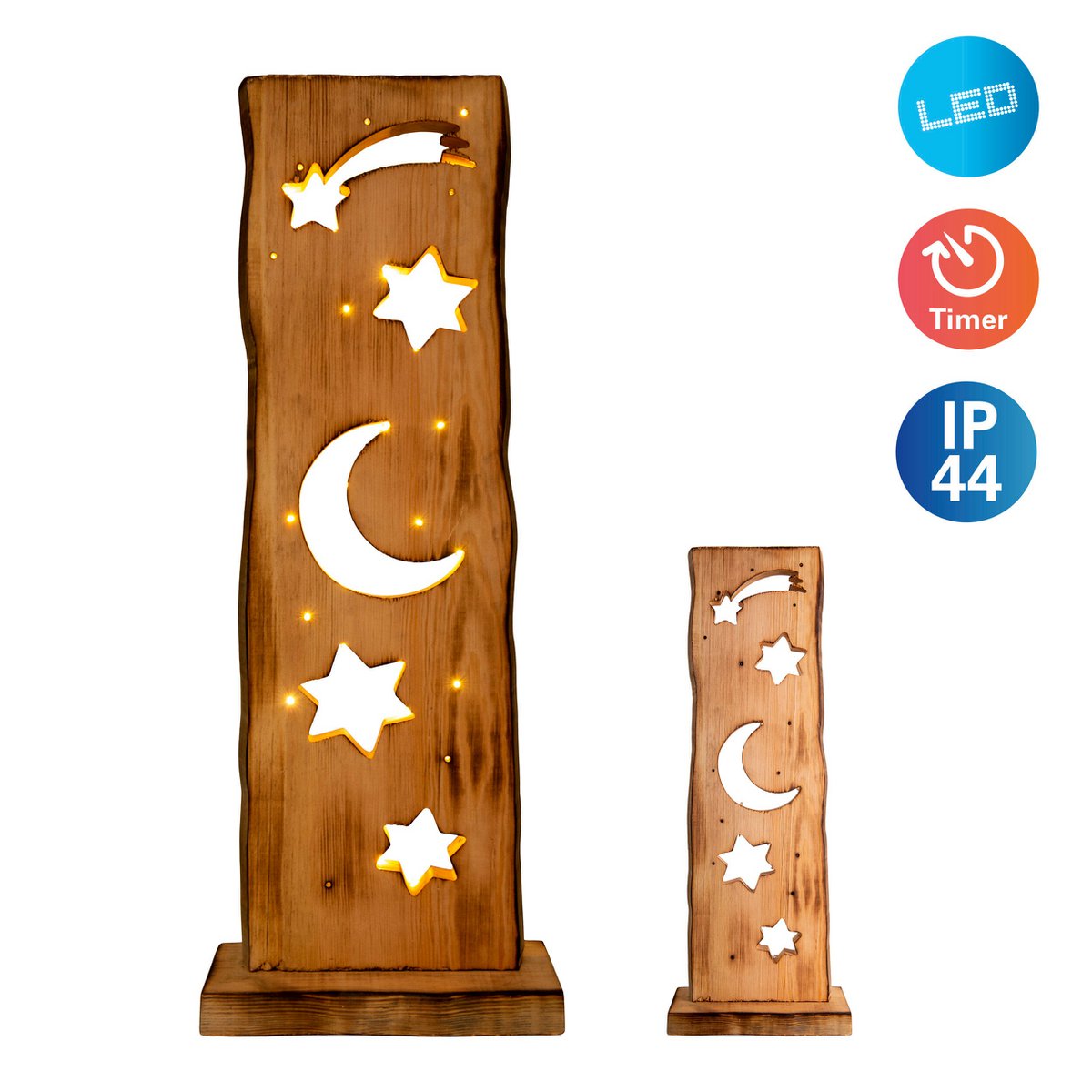 LED-Holz-Dekoleuchte Mond/Sterne 60 cm hoch Weihnacht-Deko aus Holz mit fest verbauten LEDs